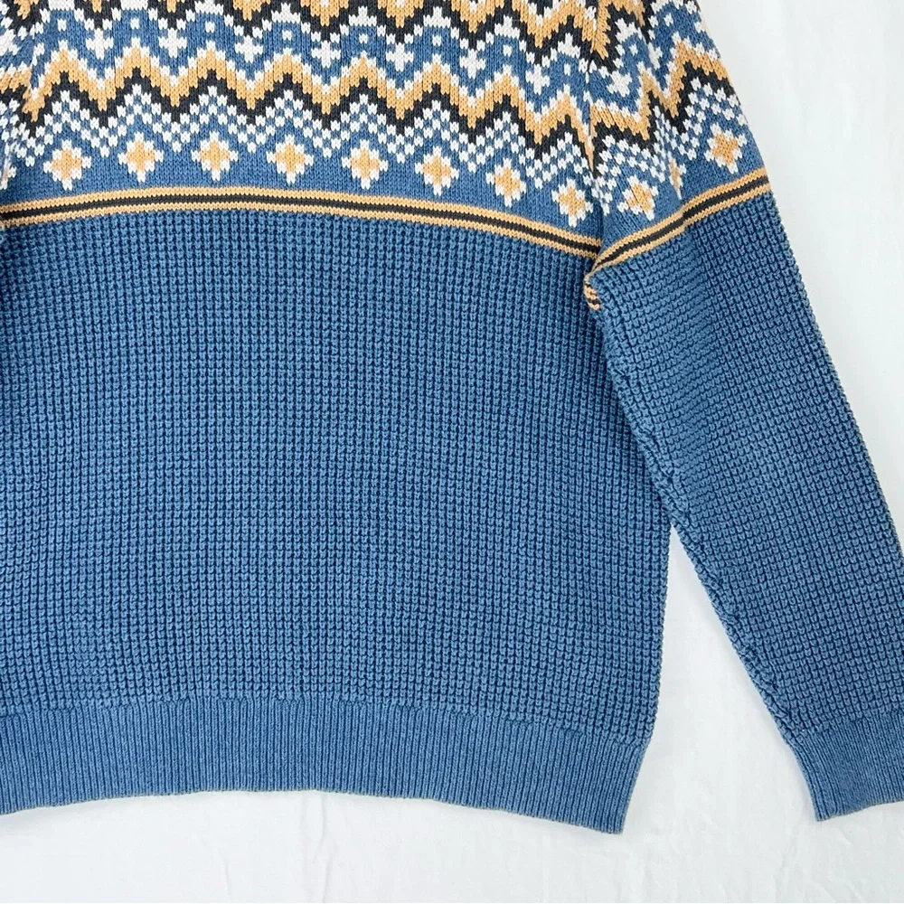 Vintage LL Bean Sweater Fair Isle Waffle 1/4 Zip Pullover Blue Cotton XL Y2K